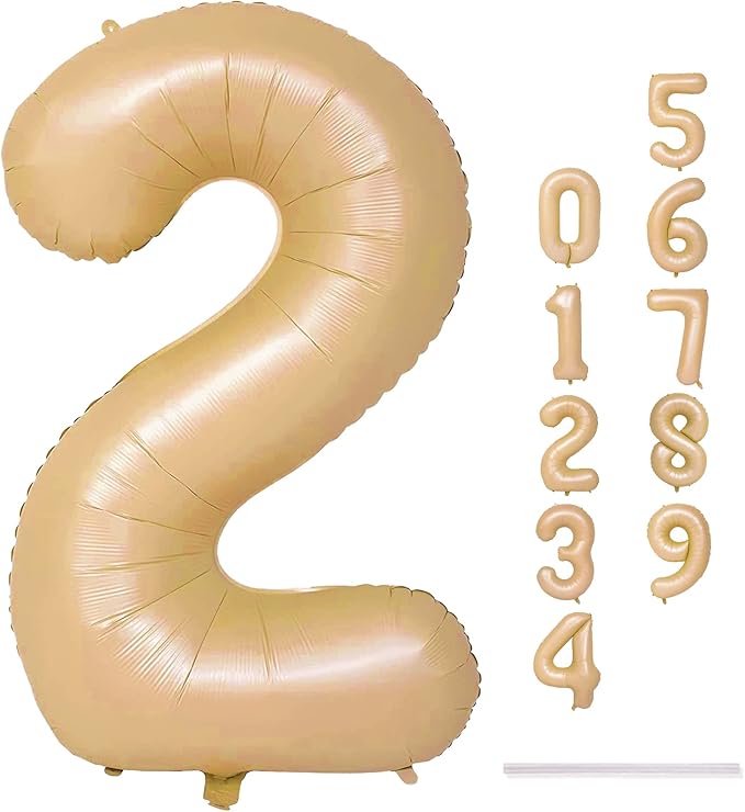 40" Neutral Number 2 Balloon for Boys Girls, Large Self Inflating Nude Helium Foil Number Balloons Set 0-9 for Women Men 2nd Birthday Graduation Anniversary Wedding Party Decorations Supplies