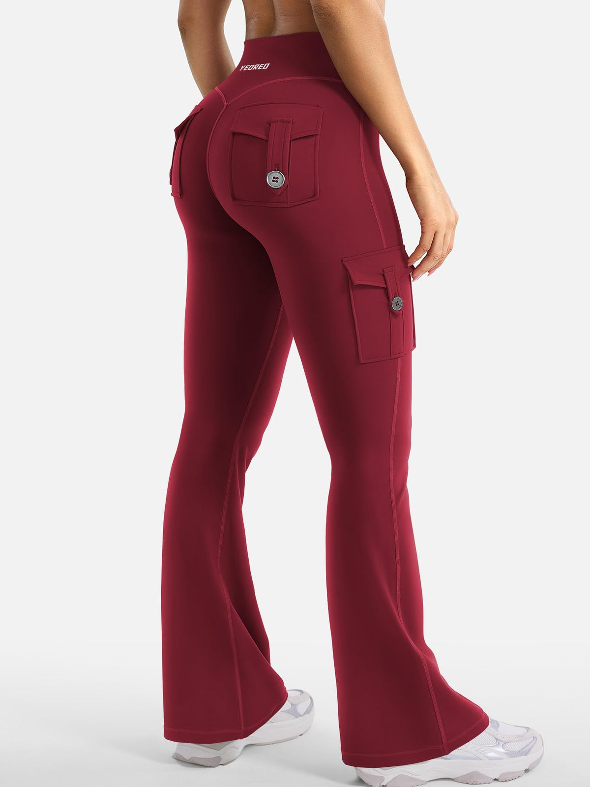 YEOREO CoreFlex Women Workout Flare Leggings with Pockets Scrunch Cargo Gym Yoga Leggings Wine XL