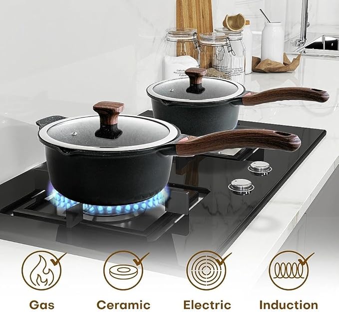 Vinchef New Nonstick Sauce Pot Set with Lids, 3QT Saucepan & 4QT Saucepot,Dishwasher Safe,Induction Compatible, Scratch/Stain Resistant, Stay-Cool Handles, PFAS-Free, Black
