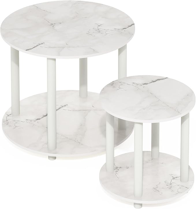 Furinno Turn-N-Tube Simple Design 2-Tier Round Wooden Small Coffee Table, Marble White