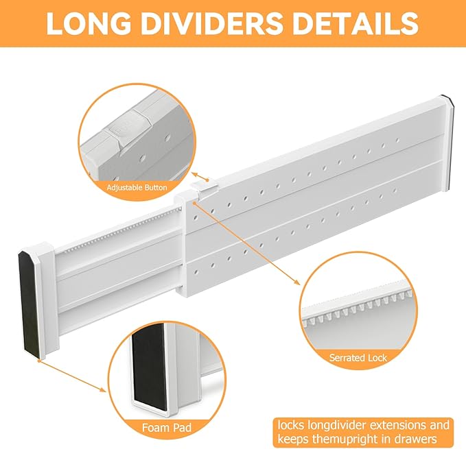 REBECAT 5 Pack Drawer Dividers for Clothes Adjustable Drawer Dividers 4" High Expandable from 15"-21" for Dresser Baby Clothes Bathroom,Bedroom Kitchen and Office Storage,White