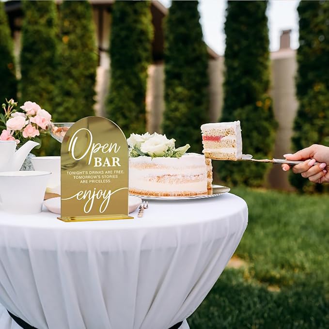 Acrylic Wedding Sign, Bridal Shower Decorations, Open Bar Sign for Ceremony, Modern Font Table Signs, Gold Mirror Arched Acrylic Tabletop Signs for Wedding Reception and Event Party
