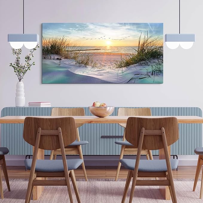Wapluam Canvas Wall Art For Living Room Wall Decor For Bedroom Blue Sea Beach Scenery Wall Paintings Poster Prints Artwork Office Decorations Ocean Seascape Pictures Modern Room Home Decor 40X20 in