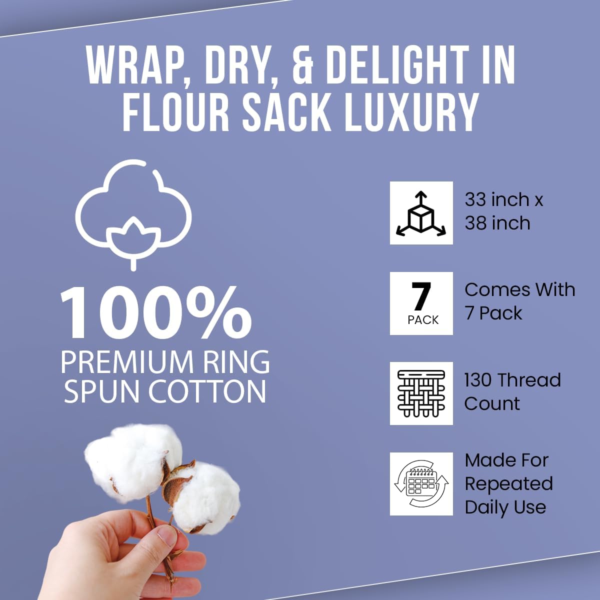 WHITEWRAP Flour Sack Towels| Tea Towel for Crafts| Kitchen Dish Cotton Blank Towel for Embroidery|Baking Bread Proofing Linen Cover| Thick Absorbent Quick Dry| 7 Pack 33"X38" Natural