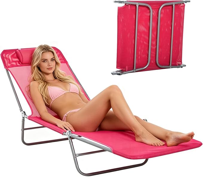 Outdoor Chaise Lounge with Detachable Pillow, Reclining Folding Chair with 5-Position Adjustable Back, Portable Tanning Chair for Beach, Pool, Lawn, Breathable Mesh Seat, No Assembly