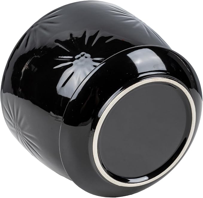 MyGift 7 Inch Glossy Black Ceramic Plant Pot with Drainage Hole and Attached Saucer, Modern Decorative Embossed Sunburst Planter Container for Indoor Home Garden