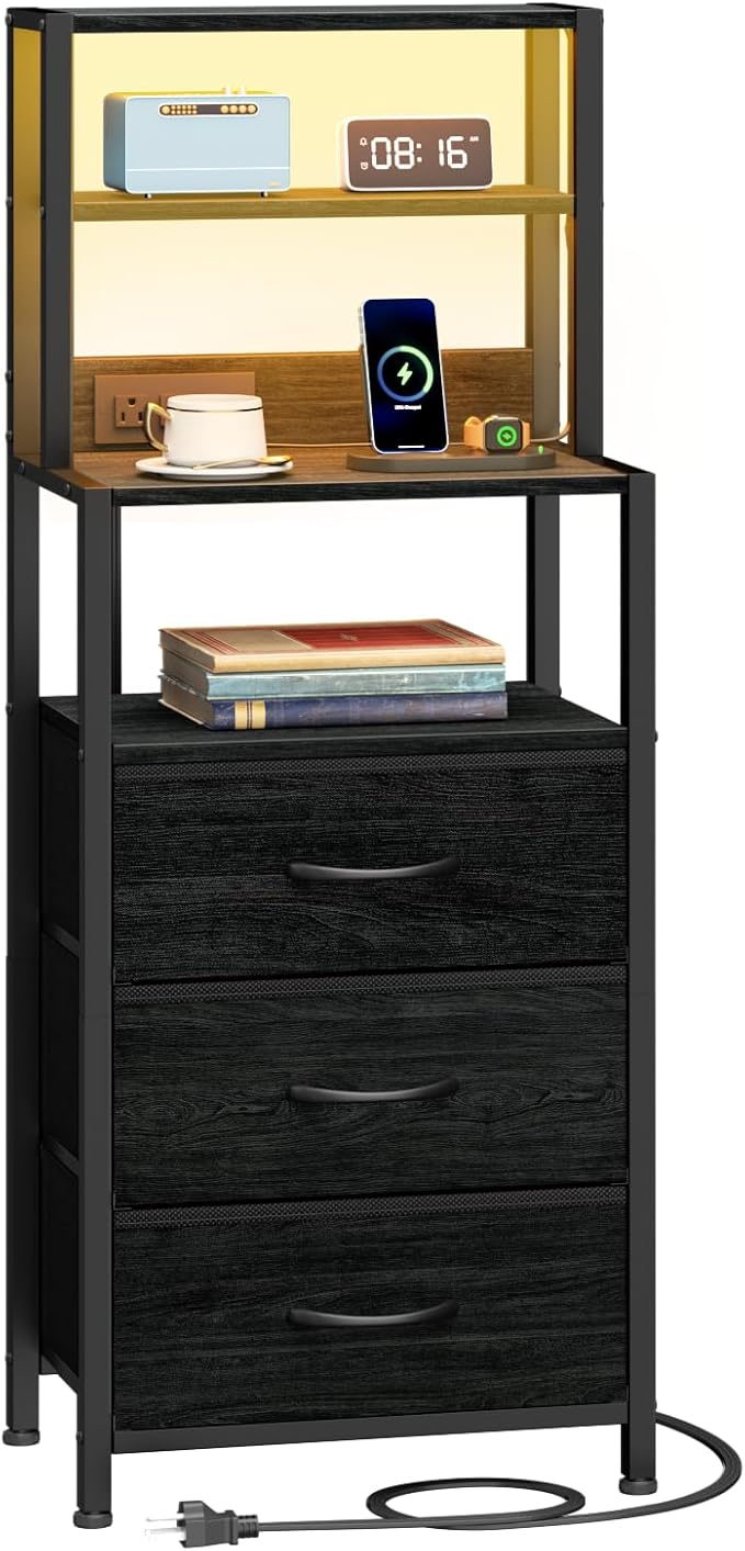Furnulem Night Stand, Tall Nightstand with 4-Tier Shelves and 3 Fabric Drawers, LED Bed Side Tables with Charging Station, Bedside Table for Bedroom, Hallway, Home Office, Black Oak