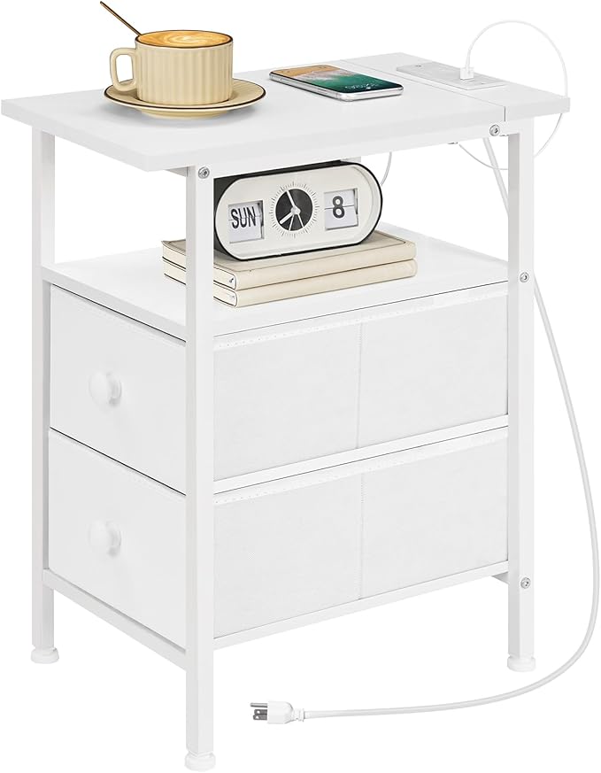 HOOBRO End Table with Charging Station, Narrow Side Table, Nightstand with 2 Non-Woven Drawers, Slim Sofa Side Table, for Small Spaces, Living Room, Bedroom, White WT486UBZ01