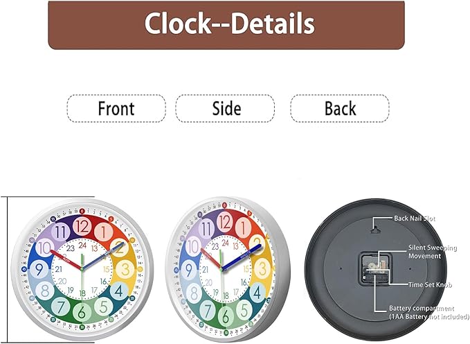 XFM Colorful Kids Wall Clock 14 Inch Silent Wall Clocks Battery Operated