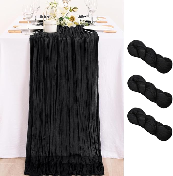 MLMC 3 Pack Black Table Runner 10ft Rustic Gauze Cheesecloth Table Runner 35x120 Inches Cheese Cloth Centerpiece for Wedding Party Bridal Shower Anniversary Events Gothic Decor