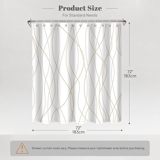 Punkray Beige Khaki Shower Curtain for Bathroom with Hooks, Extra Long Shower Curtain Set Stripe Bath Curtains Decorative White Shower Curtains Weighted Hem Water Repellent Washable, 72 x 72