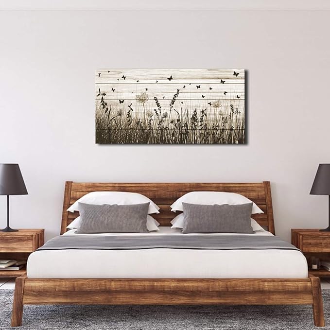 Wildflower Wall Art Autumn Canvas Picture Butterfly Grass Dandelion Artwork Vintage Wooden Board Painting Prints for Bedroom Living Room Office Home Kitchen Wall Decor Framed Ready to Hang 30" x 60"