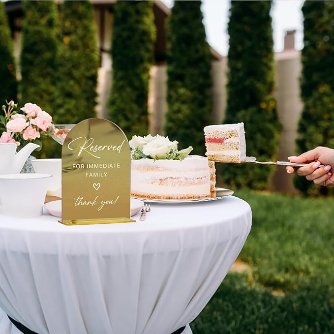 Acrylic Wedding Sign, Bridal Shower Decorations, Reserved for Immediate Family Sign for Ceremony, Modern Font Table Signs, Gold Mirror Arched Acrylic Tabletop Signs for Wedding Reception