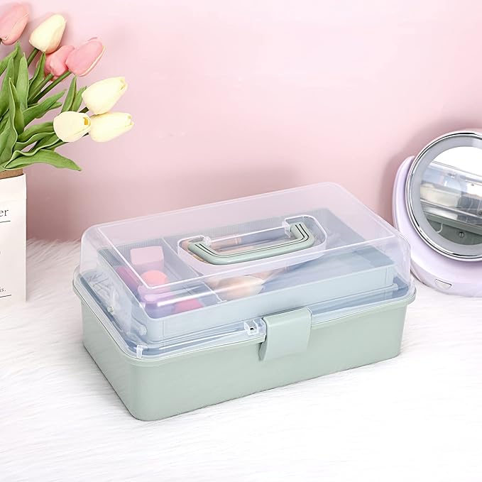 BTSKY 3-Layer Plastic Dividing Storage Box Craft Organizer and Storage with Adjustable Spacers Portable Handled Art Supply Organizer Multipurpose Home Utility Box for Medicine Sewing(Haze Green)