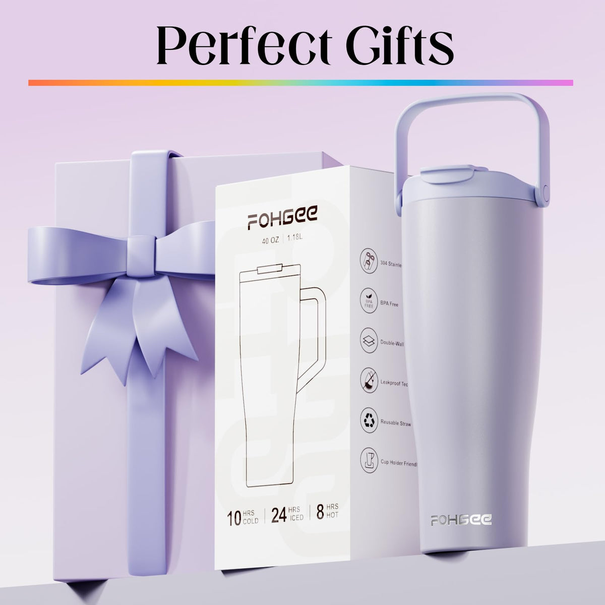 FOHGEE 40oz Insulated Stainless Steel Tumbler with Straw & Carry Loop – Leak-Proof, Spill-Proof, BPA-Free, Dishwasher Safe Travel Mug for Iced Coffee Lovers, Lilac Purple