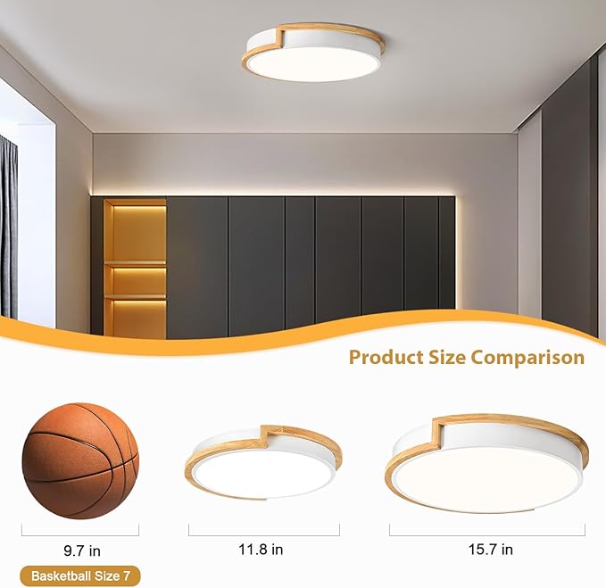 Dimmable LED Wood Flush Mount Ceiling Lights,Modern White 5CCT 2700K-6000K Lighting Fixtures,Round Ceiling Lamp for Kitchen Living Room Dining Room Bathroom Bedroom Entryway 15.8in