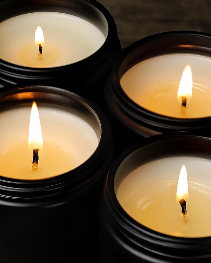 AOOVOO Scented Candles for Men - 4 Pack Candles for Home Scented, 28oz Soy Wax, 200 Hour Burn Time, Men Candle Set, Leather/Smoke & Vanilla/Whiskey Caramel/Lavender Candle Set
