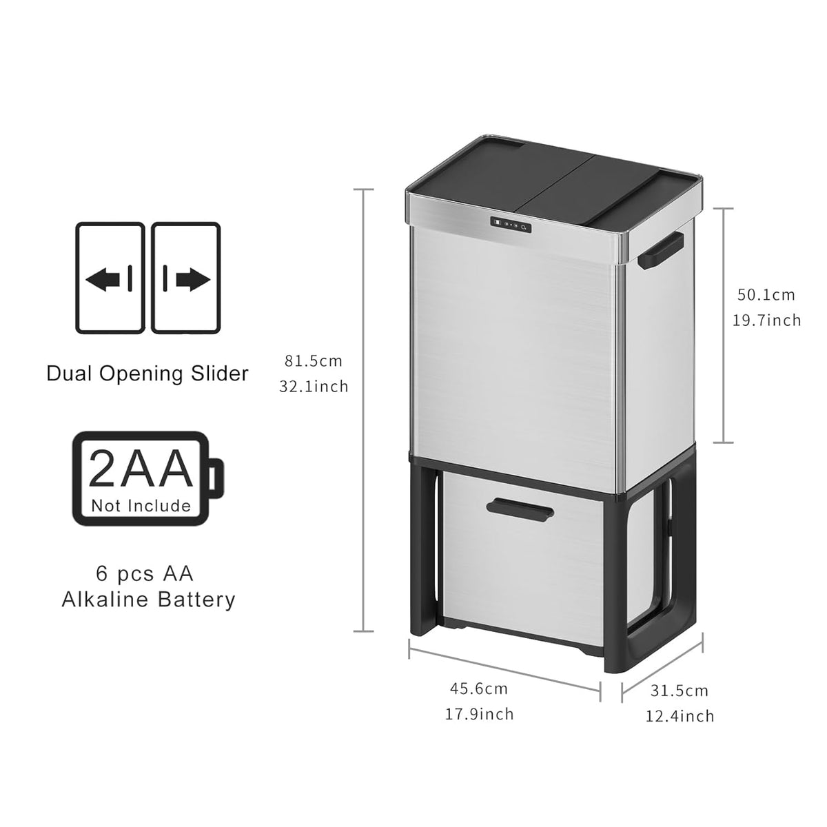 19 Gal Kitchen Automatic Motion Sensor Trash Can with 2 Recycling Dustbin(50L+22L),Ozone Odor Control Stainless Steel Garbage Can with Slide-Open Lid