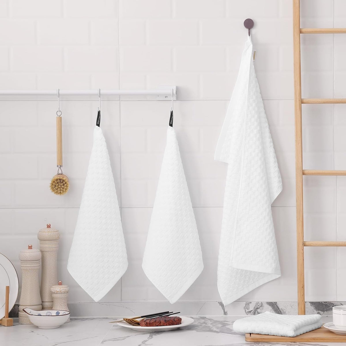 Fintale 100% Cotton Kitchen Towels and Dishcloths Set, 12 x 12 & 15 x 25 Inches, Set of 8 Bulk Super Soft and Absorbent Terry Cloth Dish Towels, Quick Drying Hand Towels with Hanging Loop, White