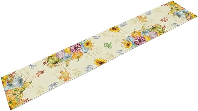 Fall Table Runner Watercolor Pumpkins Sunflowers Maple Leaves Baroque Floral Birds Country Thanksgiving Home Decor for Farmhouse Indoor Outdoor Party Holiday Dining Kitchen Restaurant Cafe W13xL108in