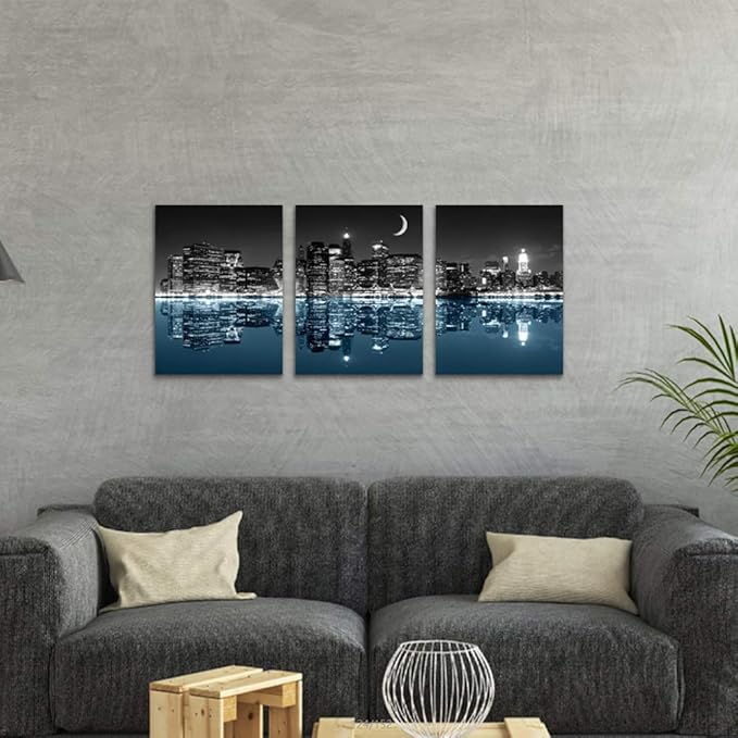 Wall Decor For Living Room Canvas Wall Art For Bedroom Black And White City Luminous Paintings Modern 3 Piece Framed Room Canvas Art Prints Ready To Hang Office Pictures For Home Decoration Artwork