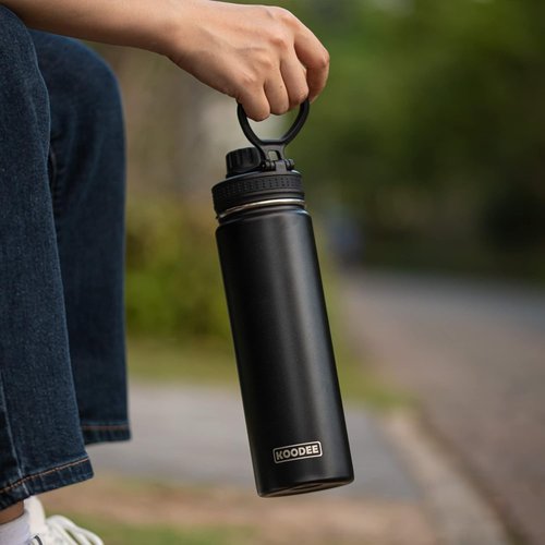 Koodee Insulated Water Bottle - 18 oz Stainless Steel Double Wall Vacuum | Leakproof Spout Lid (Black)