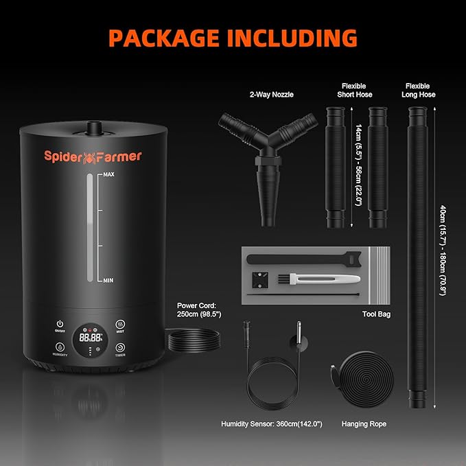 Spider Farmer 3-in-1 6L Humidifier Indoor with Timer & Hose Cool Mist Ultrasonic Humidifiers Large Room with Temperature & Humidity Probe for Plant Mushroom Greenhouse Bedroom Grow Tent Top Fill Black