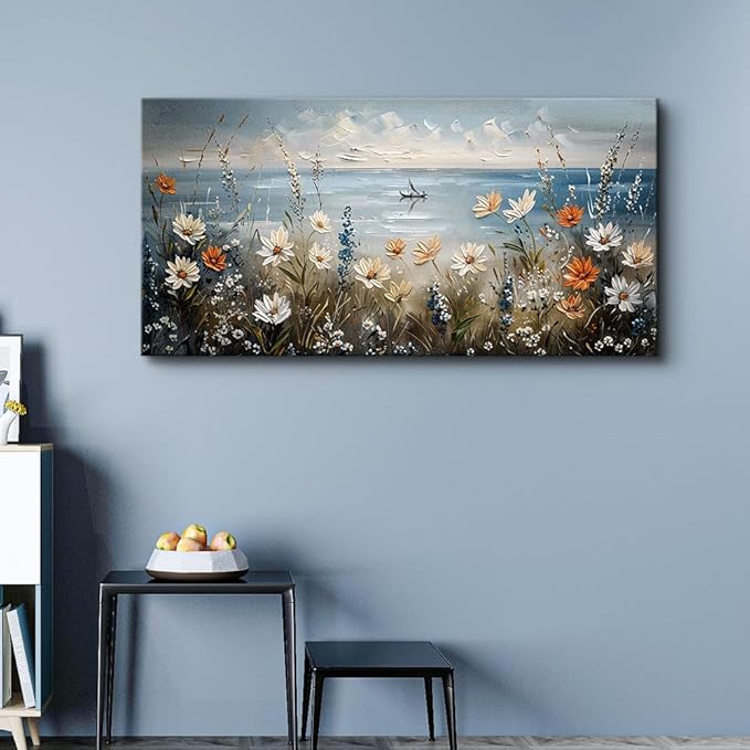 MHARTK66 Large Wall Art For Bedroom Canvas Wall Decor For Living Room Flowers Wall Paintings Blue Ocean Landscape Pictures Artwork Modern Home Decorations For Office Ready To Hang 30"X60"