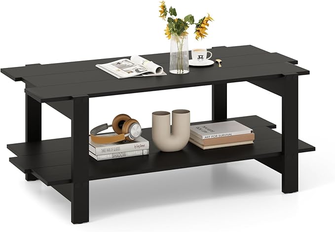 Giantex Coffee Table with Storage, 45 Inch Modern Center Table with Slatted Design & Side Rail Support, Rectangular Living Room Table for Small Spaces, Black