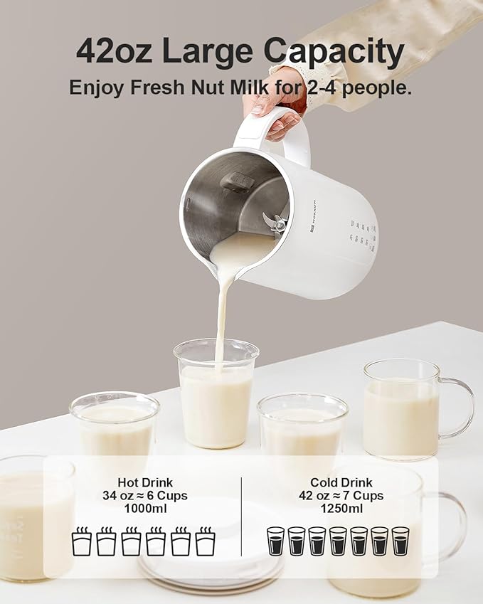MOKKOM Nut Milk Maker, 42oz Automatic Almond Milk Machine for Homemade Plant-Based Milk, Oats, Soy, Dairy Free Beverages, Soy Milk Maker with Delay Start/Keep Warm/Self-Cleaning/Boiling, White