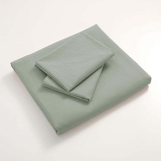 JIYUAN 100% Washed Cotton Duvet Cover Set 3 Pieces Queen, 1 Duvet Cover 90x90 Inches(Comforter Not Included) and 2 Pillowcases,Linen Feel Bedding Set Comfy and Breathable, Heathered Sage Green