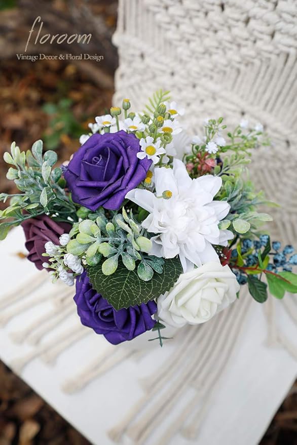Floroom Artificial Flowers 50pcs Real Looking Dark Purple Foam Fake Roses with Stems for DIY Wedding Bouquets Bridal Shower Centerpieces Floral Arrangements Party Tables Home Decorations