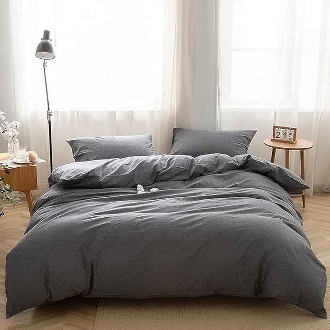 FACE TWO FACE Bedding Duvet Cover Set100% Washed Cotton Duvet Cover Linen Like Textured Breathable Durable Soft Comfy (Queen, Gray)