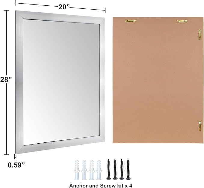 Ruomeng Bathroom Mirror 20" x 28" Rectangular Wall Mirror for Over Sink Feamed Mirror for Entryway, Bedroom, Living Room, Nickel