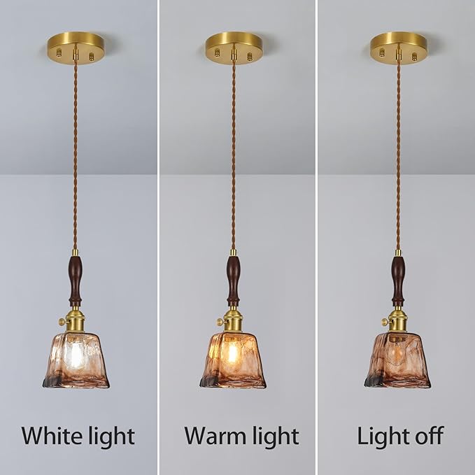 Brown Glass Vintage Pendant Light 4.33" Handmade Glass Pendant Lights Kitchen Island Gold Hanging Light Fixture for Bedroom Dining Room Hotel (3 Pack)