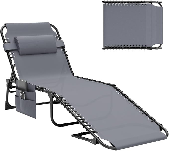 Outdoor Lounge Chair, Foldable Reclining Chaise Lounge with Detachable Pillow & Side Pocket, 4-Position Recliner Tanning Chair for Beach, Pool, Lawn, Backyard, Grey, 2 Packs