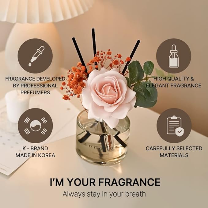 COCODOR Rose Reed Diffuser Set / 6.7oz / Rose Perfume/Scent Diffuser with Sticks Home Fragrance Reed Diffuser for Bathroom Shelf Decor for Women