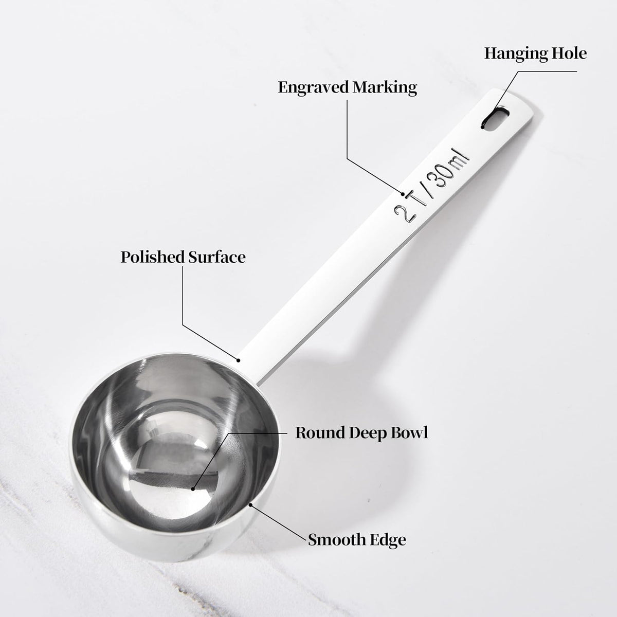 Long Handle Coffee Scoop: 5.98 Inch 18/8 Stainless Steel 2 Tablespoon Metal Measuring Spoon Tbsp Scoop for Coffee Beans, Grounds Coffee, Coffee Powder, Tea, Tall Jars (2Tbsp/30ml)