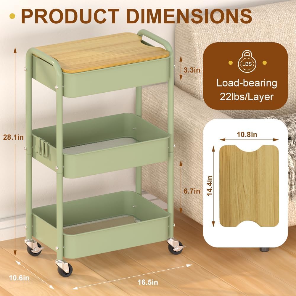 3 Tier Metal Utility Cart, Rolling Storage Cart with Wooden Tabletop, Metal Organizer Cart with Lockable Wheels for Office, Bedroom, Kitchen and Living Room (Green)