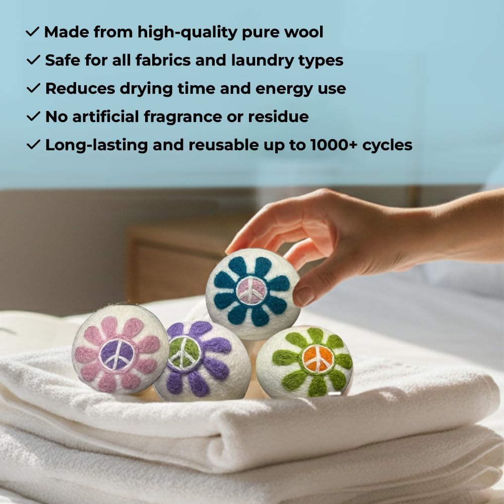 Ezhippie Quality Wool Dryer Balls - 6 XL Flower Pack - 1000+ Loads - Pure Organic Wool - Reusable Natural Fabric Softener Perfect with Essential Oils, Reduce Clothing Static and Wrinkles