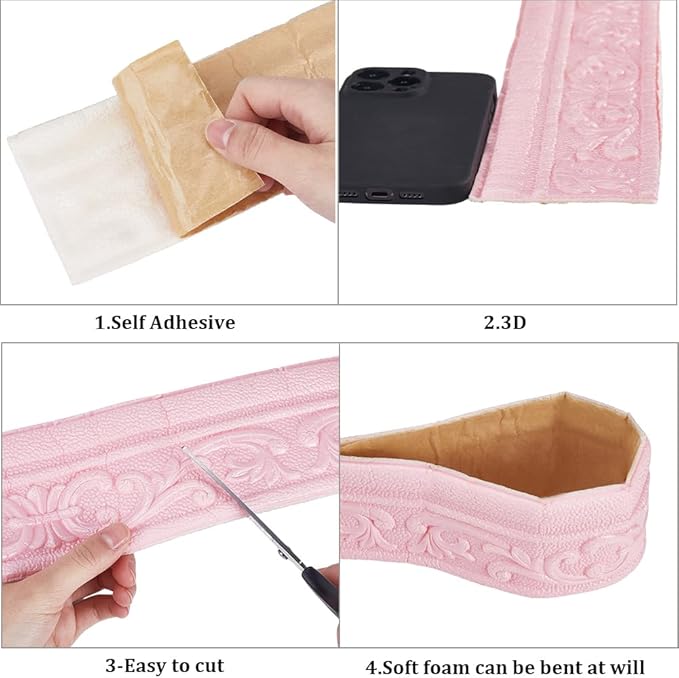 CRASPIRE 88 x 3in Crown Molding Peel and Stick 3D Flexible Foam Wall Trim Pink