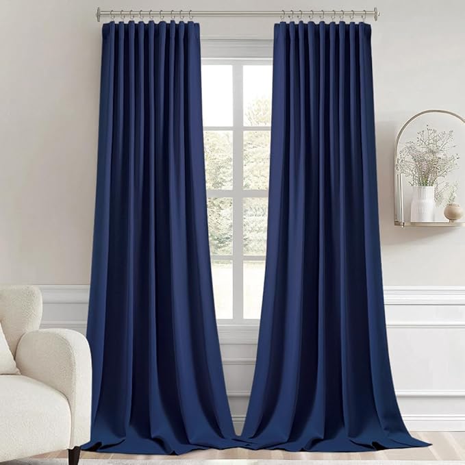 MIULEE Navy Blue Back Tab Blackout Curtains 120 Inch Long 2 Panels Set