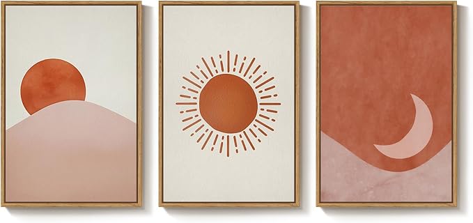 Framed Sun and Moon Boho Wall Art Bedroom, 3 Piece Abstract Minimalist