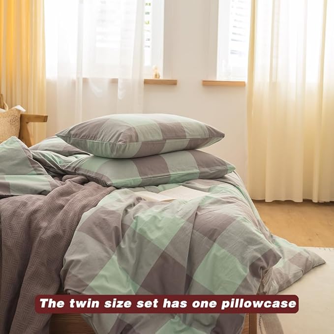 FACE TWO FACE Bedding Duvet Cover Set100% Washed Cotton Duvet Cover Linen Like Textured Breathable Durable Soft Comfy (Twin, Light Green Grid)