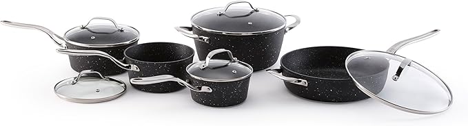 Starfrit The Rock 10PC Non-Stick Cookware Set - Durable Forged Aluminum - Oven Safe - PFOA Free - Easy to Clean - Black