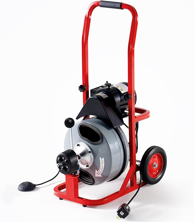 Albott 50 FT x 1/2 inch Electric Drain Cleaner Machine with Auto-Feed & 10 Cutters, Sewer Snake Auger for 1–4 Inch Pipes, Foot Switch & Wheels, Ideal for Home & Commercial Use, Gray/Red
