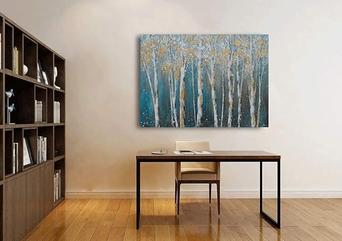 Yihui Arts Birch Tree Canvas Wall Art Hand Painted Teal and White Color Painting