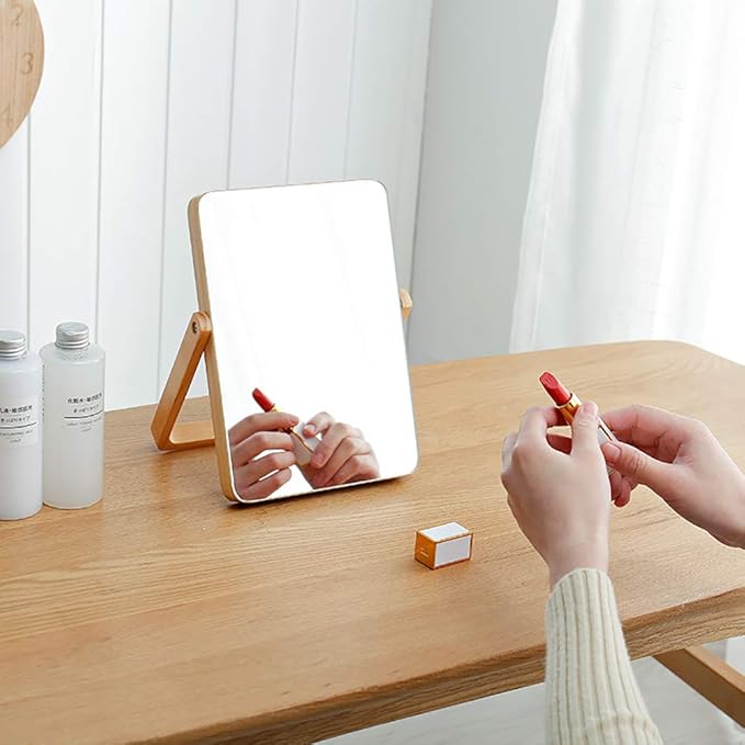 ZOROSY Desk Makeup Mirrors with Wood - Rectangle Wall-Mounted Mirrors Table Mirrors for Living Room Bedroom Birthday Gifts (10.5" L x 7.8" W)