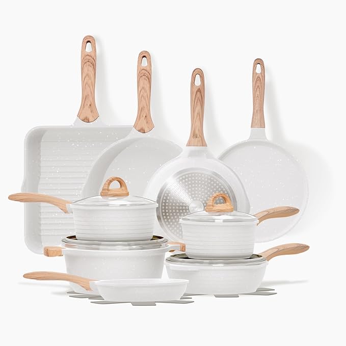 JEETEE 23pcs Pots and Pans Set Non Stick, White Cookware Sets for Kitchen, w/Frying Pans, Saucepans, Sauté & Griddle & Crepe Pan, Induction Cooking Pots (PFOA/PFAS/PFOS Free)