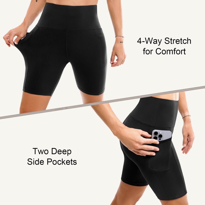 Leafigure 2 Pack Womens Biker Shorts with Pockets, High Waisted Tummy Control Yoga Shorts for Women Running Gym and Workout Black/Khaki XXL